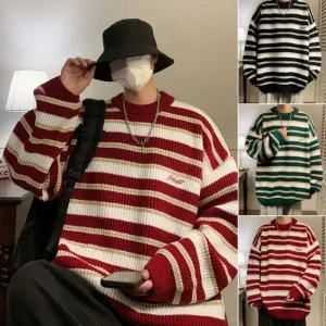 Aidase Lazy Retro Striped Sweater Men Women Autumn Winter Thick Knit Casual Embroidered Knit Pullover Sweater Jacket Couple