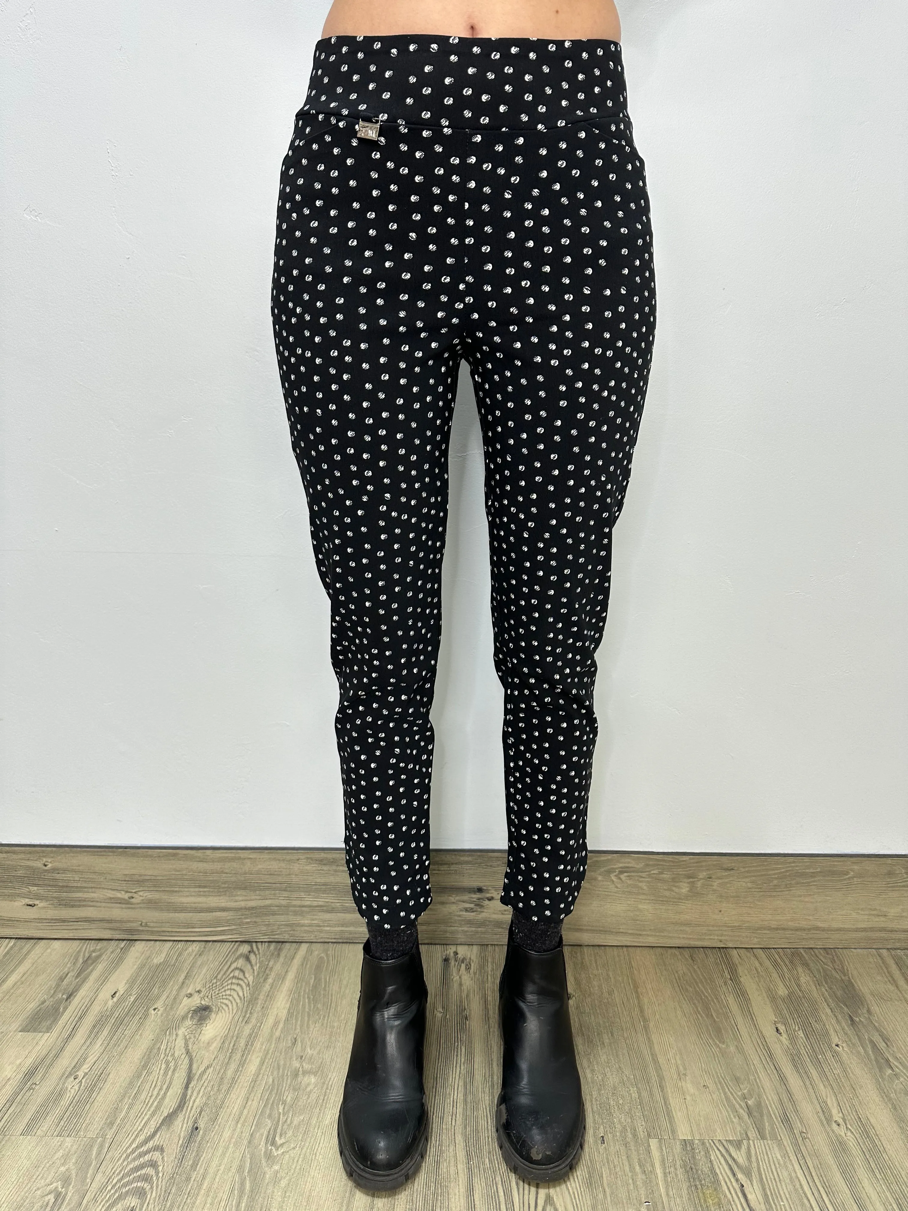 Black and White Dots Flat Front Full Length Pants