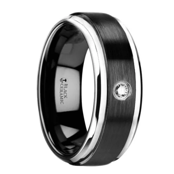 Black Ceramic Diamond Band with Polished Beveled Step Edges & Raised Brush Center