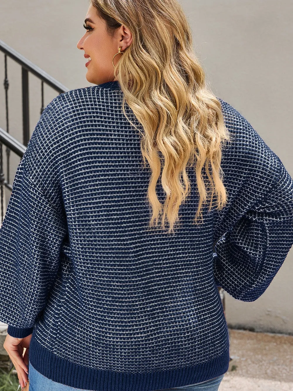 Blue Heathered Knit Plus Size Drop Shoulder Sweater