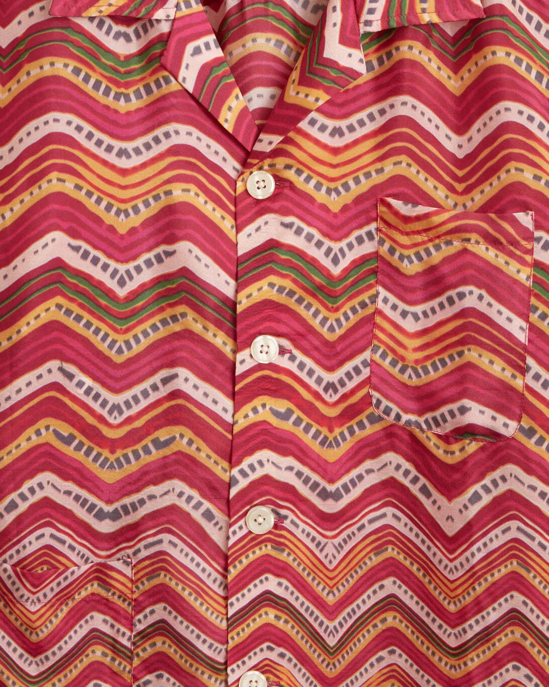 BODE Unisex Mens Mothra Pink Multicolor Zig Zag Print Silk Button Up Top Blouse Shirt XS/S