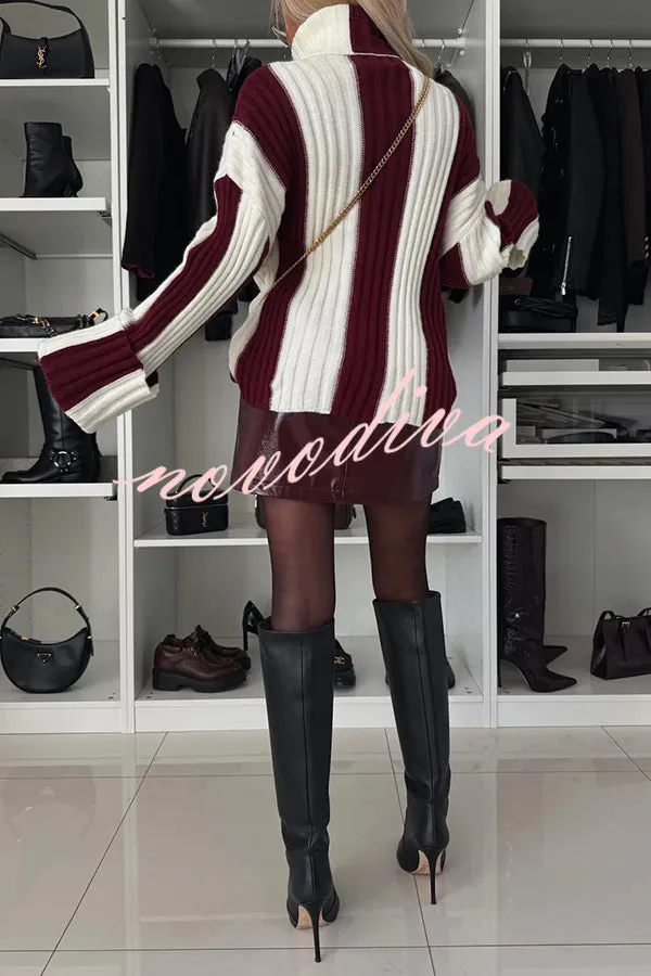 Comfort and Warmth Knit Color Block Long Sleeve Turtleneck Sweater