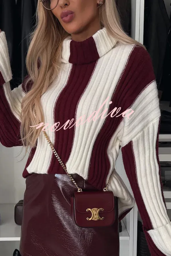 Comfort and Warmth Knit Color Block Long Sleeve Turtleneck Sweater