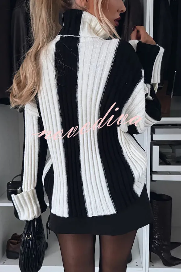 Comfort and Warmth Knit Color Block Long Sleeve Turtleneck Sweater