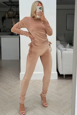 Hayleigh camel velour ruched sleeve loungewear set