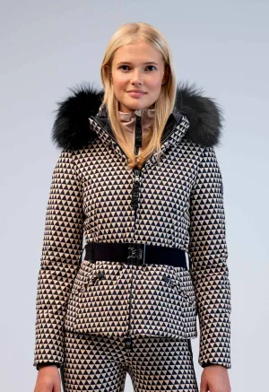 Kelly by Sissy Tiffany Black and Beige Ski Jacket with Fur Trimmed Hood