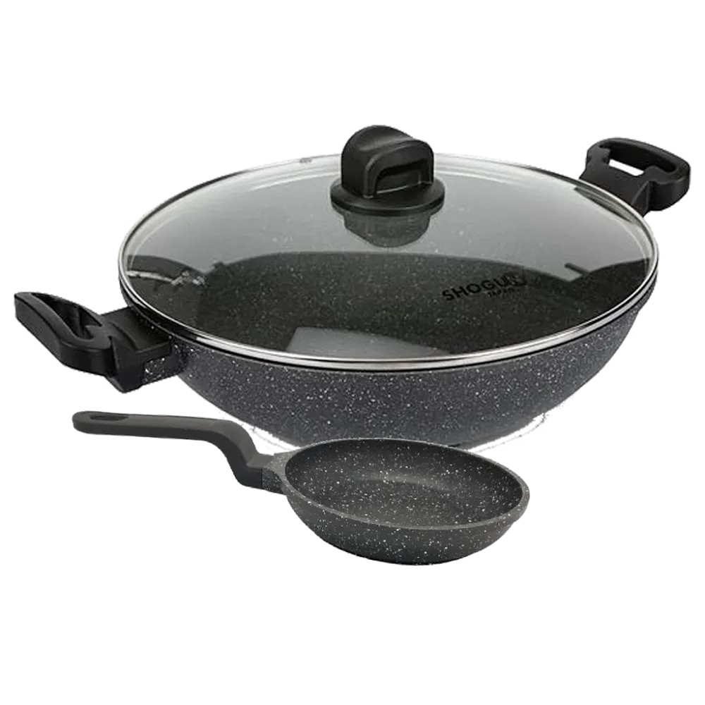 La gourmet Shogun Senjo Marble 32cm Non-stick Wok (Induction)   14cm Eggpan (Non-Induction)