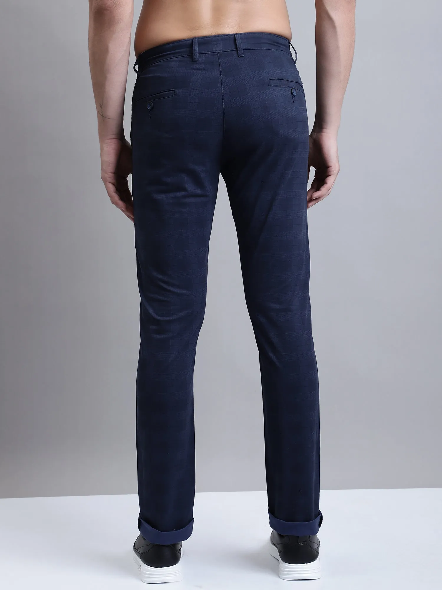 Men's Casual Flat front Navy Blue Printed Trousers