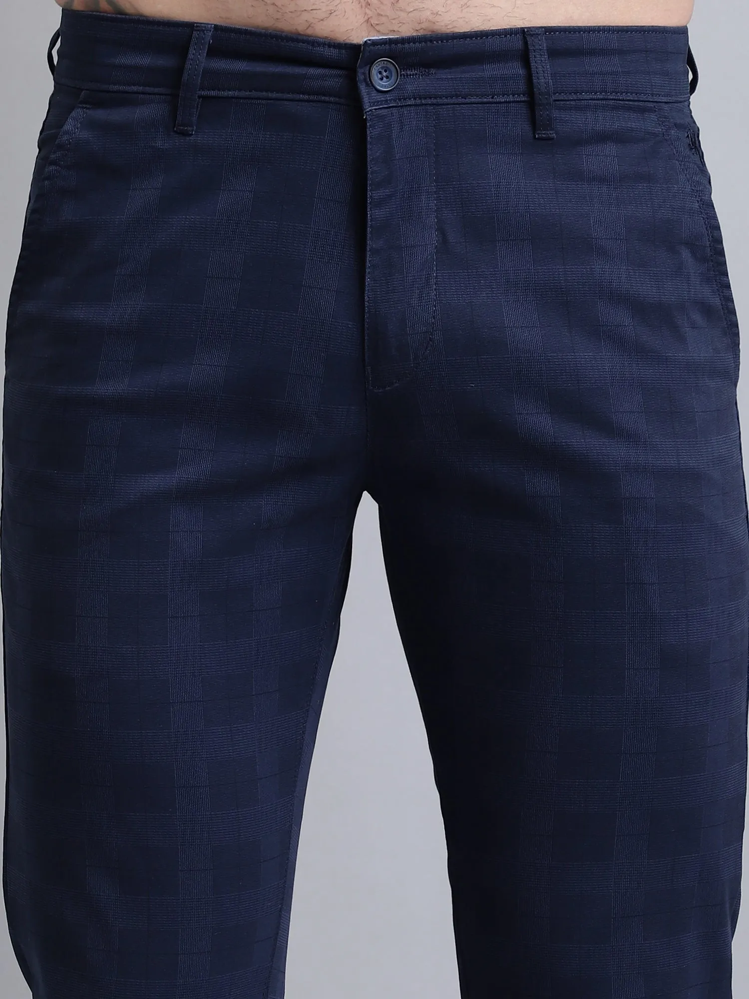 Men's Casual Flat front Navy Blue Printed Trousers