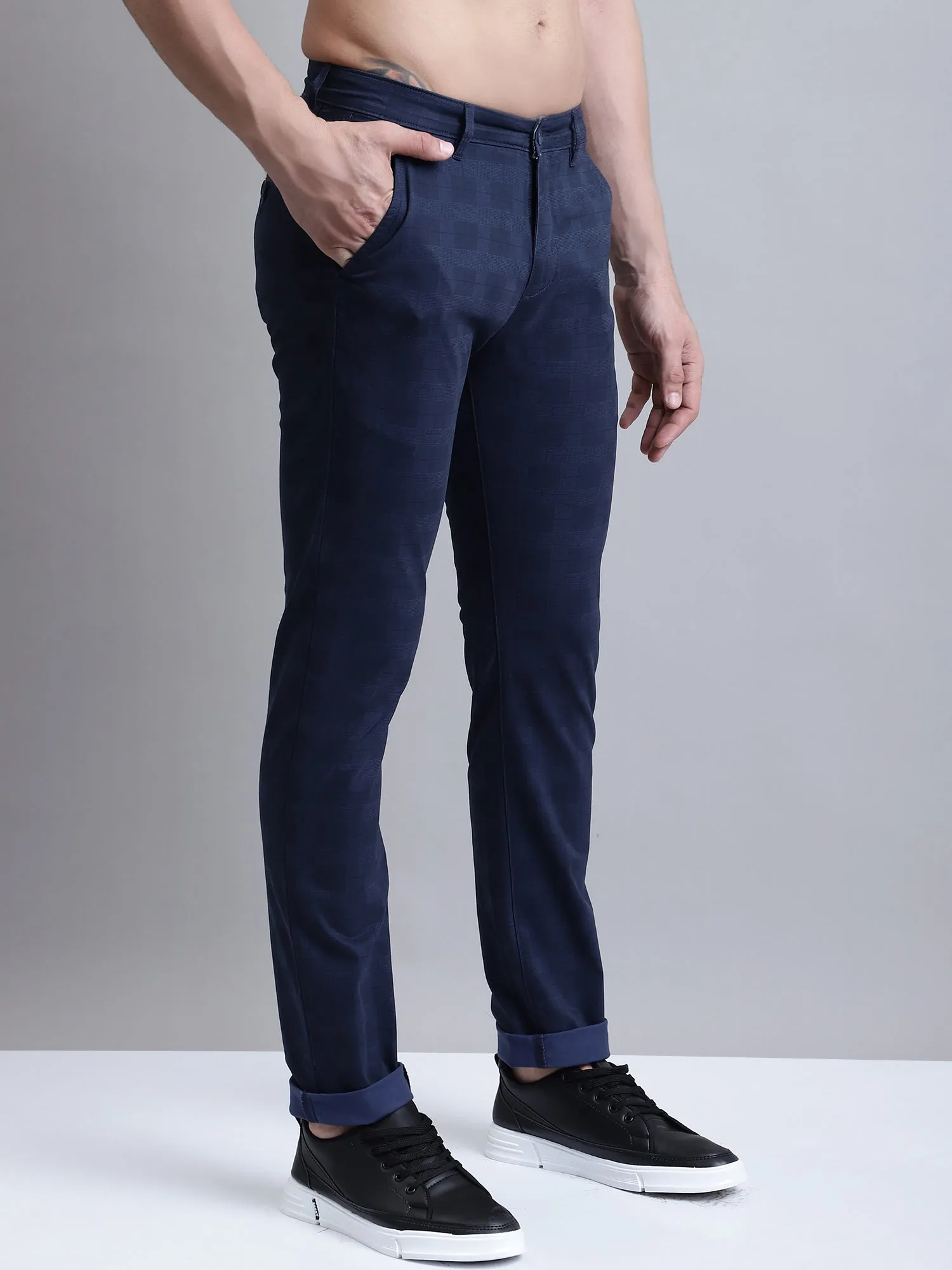 Men's Casual Flat front Navy Blue Printed Trousers