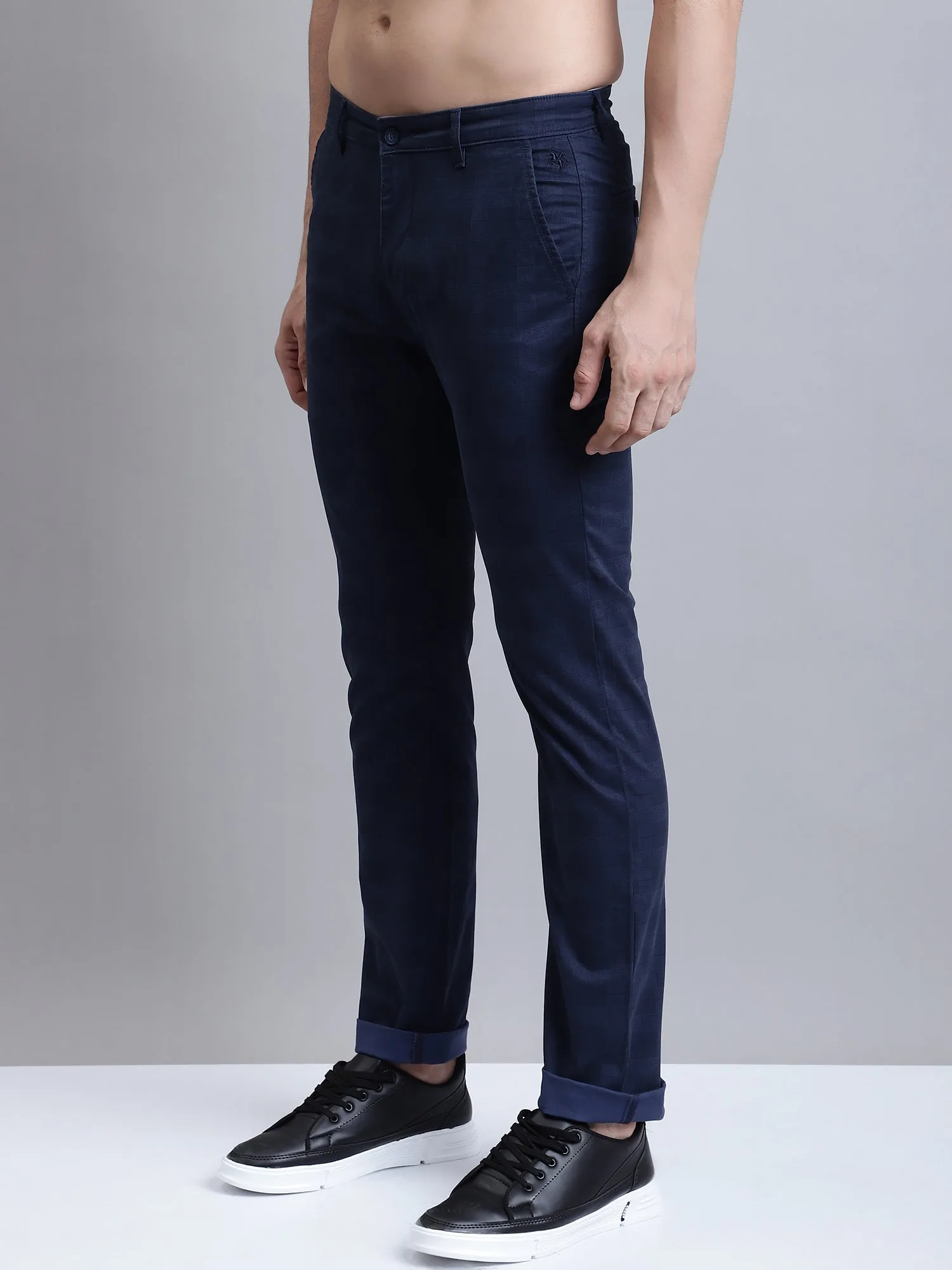 Men's Casual Flat front Navy Blue Printed Trousers