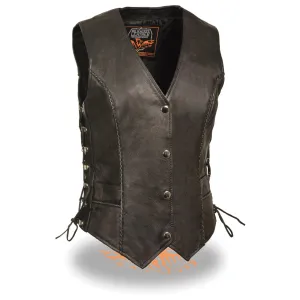 Milwaukee Leather-ML2042-Ladies Black Leather Snap Front Vest with Thin Braid