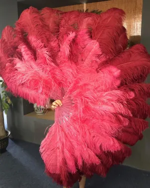 Mix coral red & Burgundy XL 2 Layer Ostrich Feather Fan 34''x 60'' with Travel leather Bag