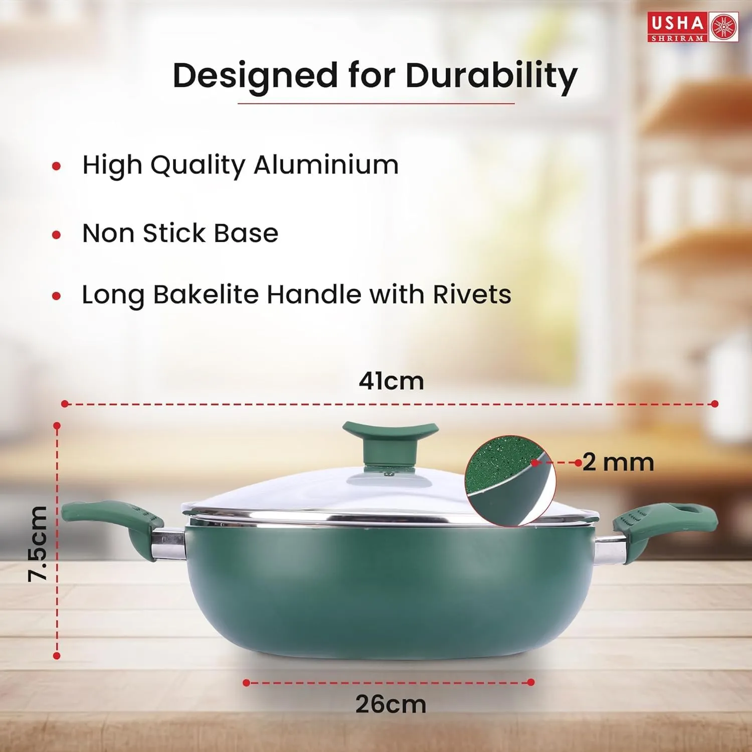 USHA SHRIRAM 3-Pcs pots and pan Non Stick 18cm Fry Pan, 1L Sauce Pan,26cm Kadai with Lid |Minimal Oil Cooking, Easy-Grip Handles|Non-Stick |Aluminium|Scratch-Resistant|Lightweight (Green)|Pack of 3.