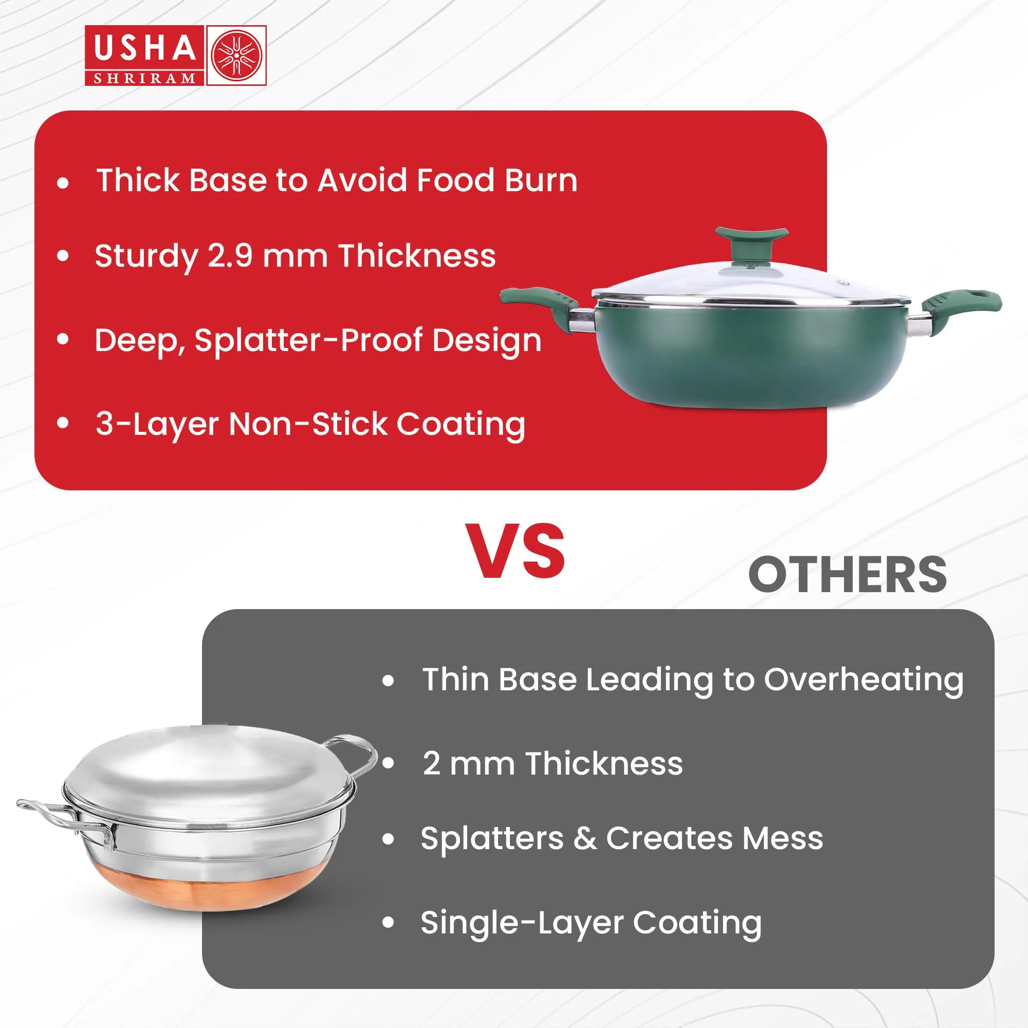 USHA SHRIRAM 3-Pcs pots and pan Non Stick 18cm Fry Pan, 1L Sauce Pan,26cm Kadai with Lid |Minimal Oil Cooking, Easy-Grip Handles|Non-Stick |Aluminium|Scratch-Resistant|Lightweight (Green)|Pack of 3.