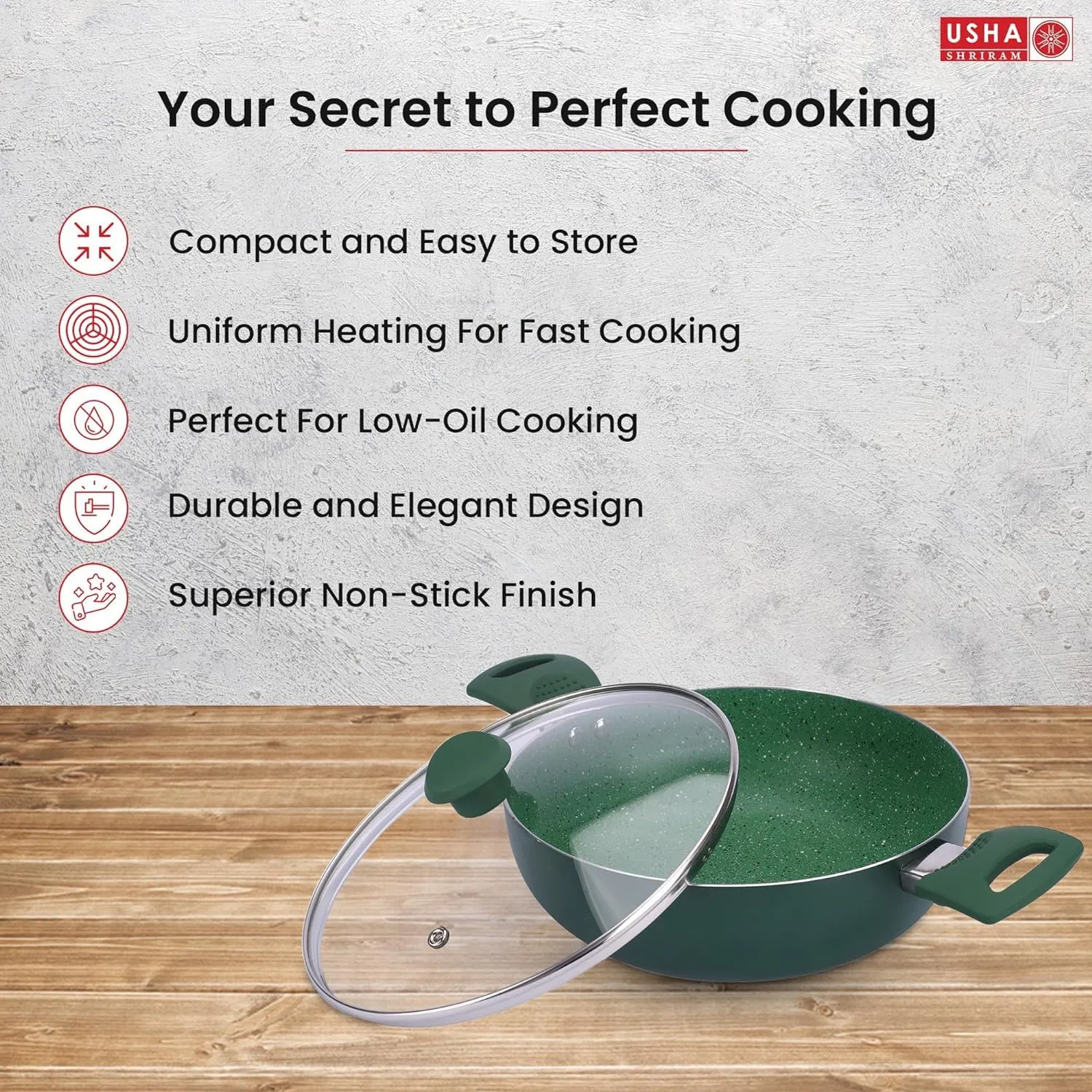 USHA SHRIRAM 3-Pcs pots and pan Non Stick 18cm Fry Pan, 1L Sauce Pan,26cm Kadai with Lid |Minimal Oil Cooking, Easy-Grip Handles|Non-Stick |Aluminium|Scratch-Resistant|Lightweight (Green)|Pack of 3.