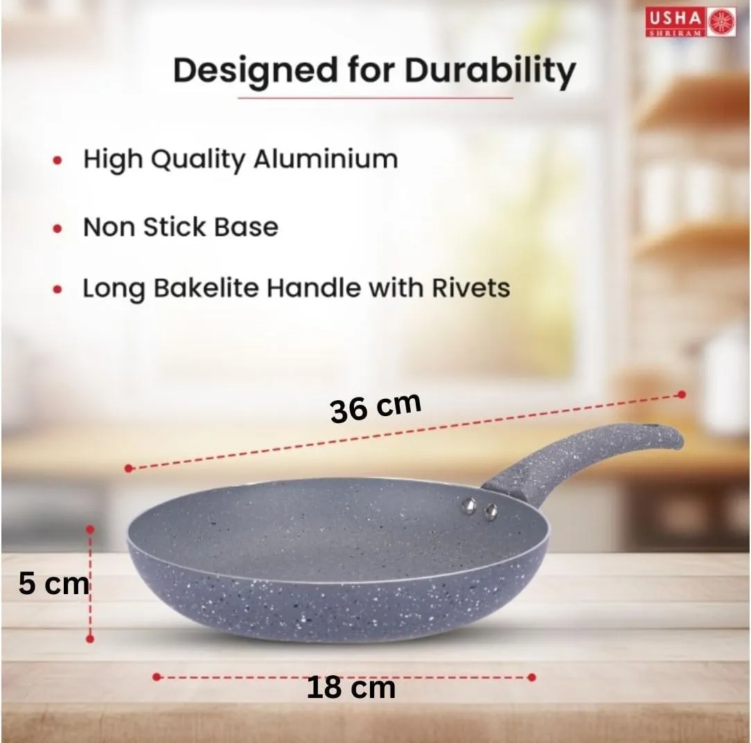 USHA SHRIRAM Grey Non-Stick Cookware Ensemble | 3L Handi with Lid, 18cm Frying Pan, 24cm Roti Tawa, 1L Sauce Pan, 26cm Roti Tawa | Easy Grip Handles|Non-Toxic & Lightweight | Pack of 5