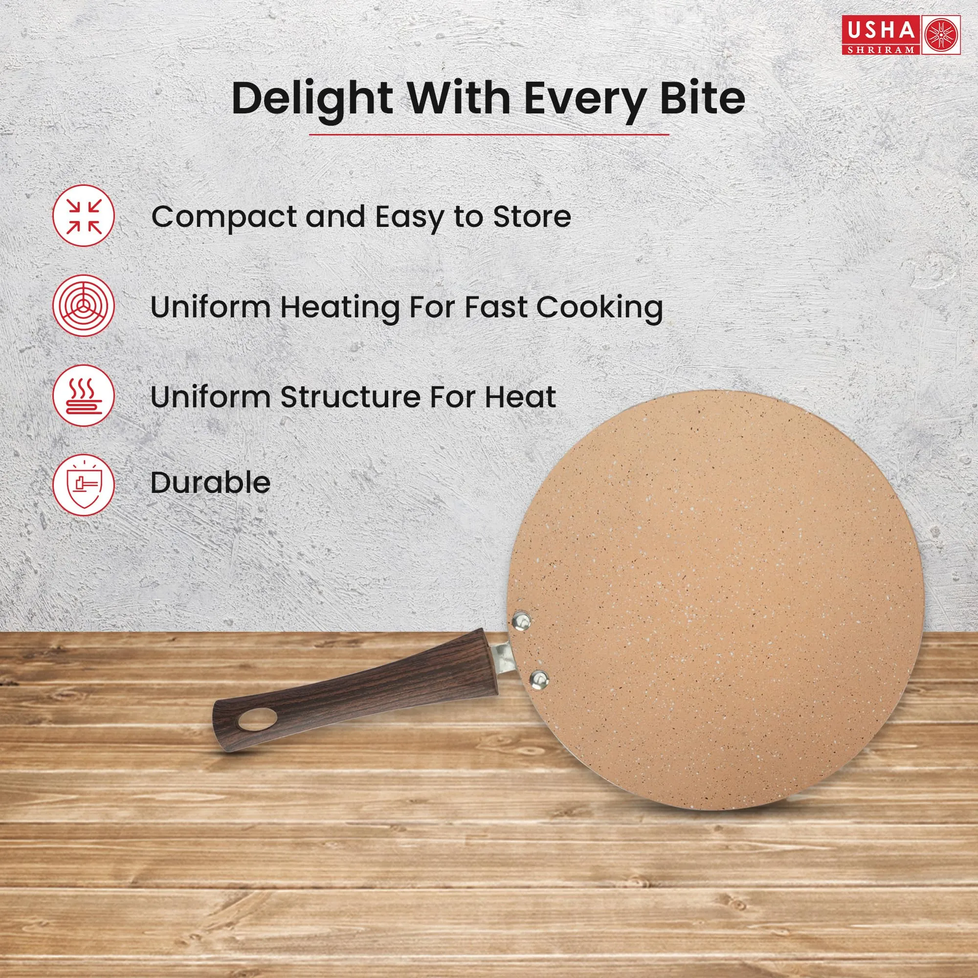 USHA SHRIRAM Non Stick Roti Tawa with Riveted Handle | 26 cm Diameter | High Grade Aluminium | Scratch Resistant Surface | Roti Nonstick Dosa Tawa Non Stick Pan | Gold