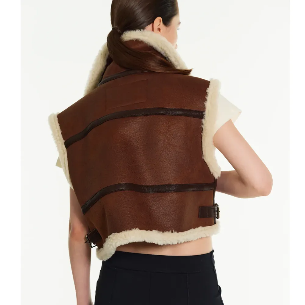 Women Sheepskin Brown Shearling AviatorLeather Vest