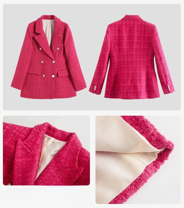 Women's Smart Casual Mid-Length Pink Tweed Blazer with Pockets | Smart Casual for All Seasons