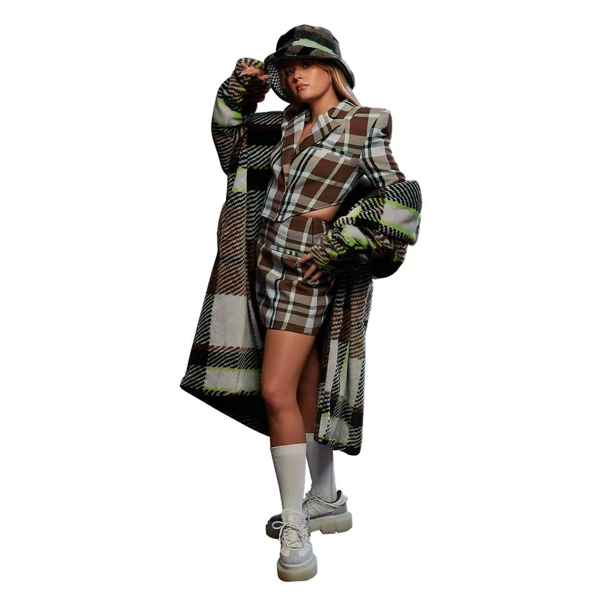 x Ivy Park LONG PLAID FAUX FUR JACKET